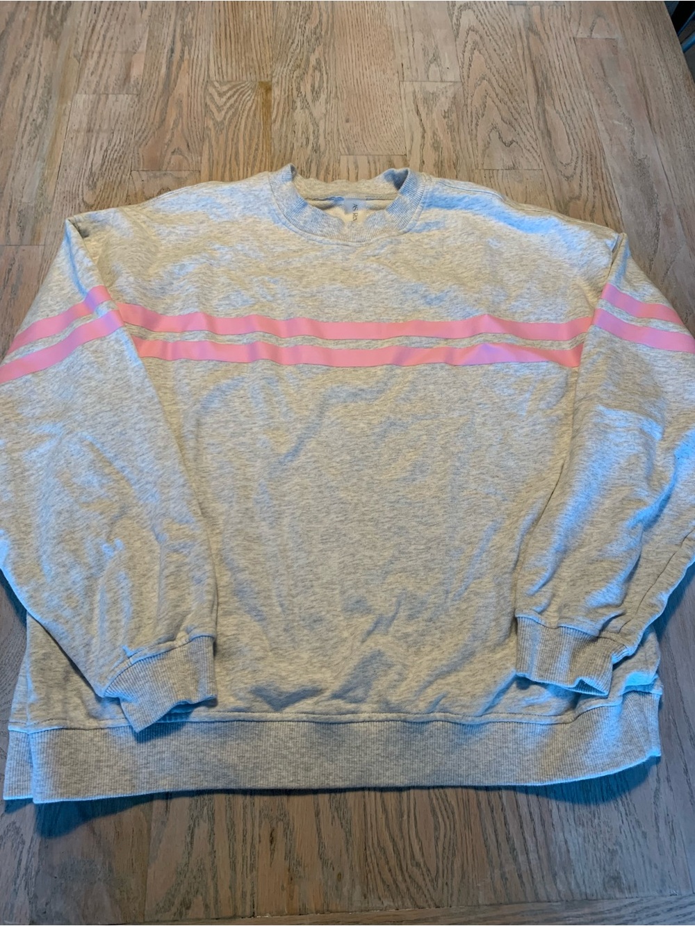 Womens Light Gray Crewneck Sweatshirt with Pink Stripes